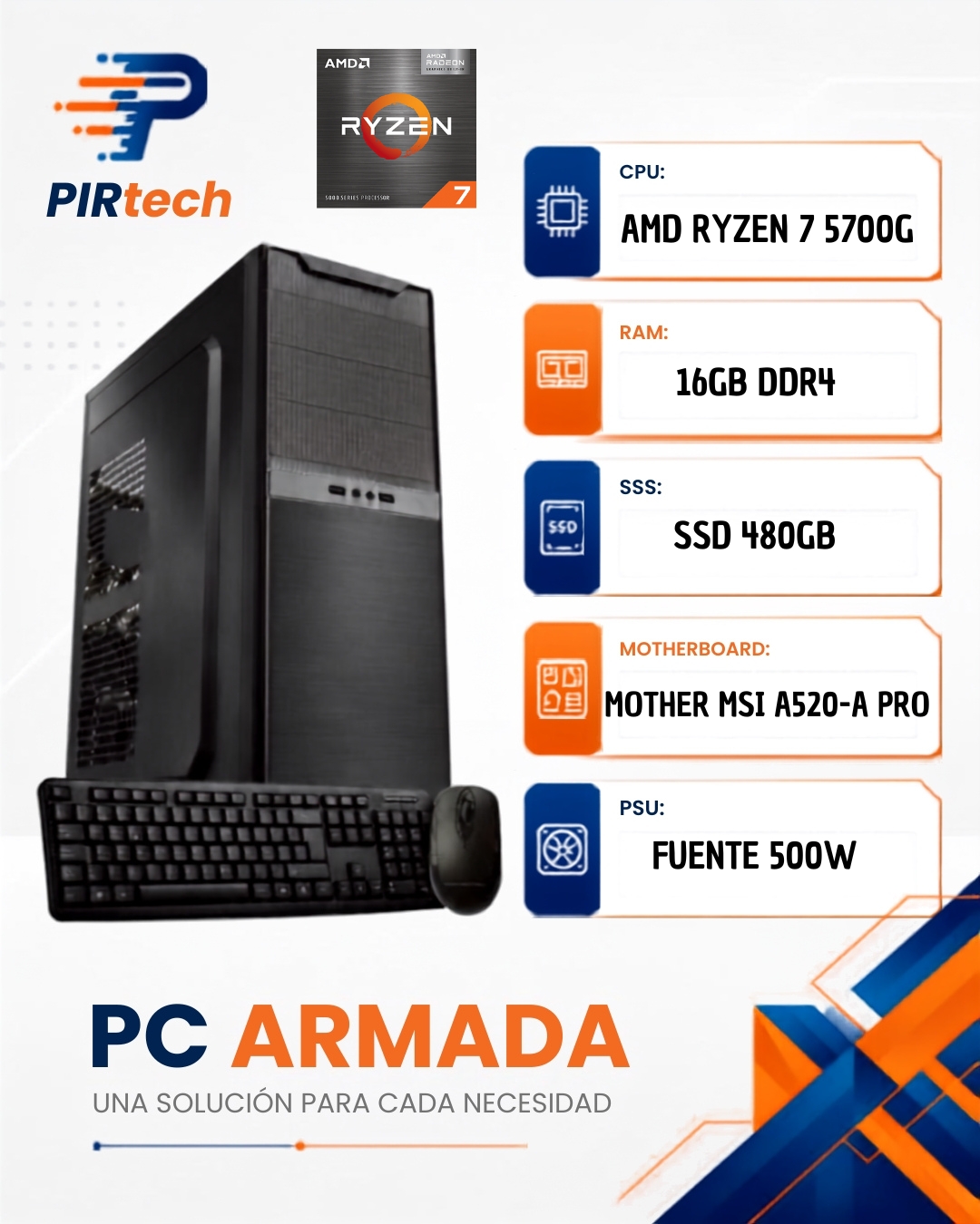 PC AMD Ryzen 7 - 5700G + Mother MSI +16GB + 480GB Gabinete Kit